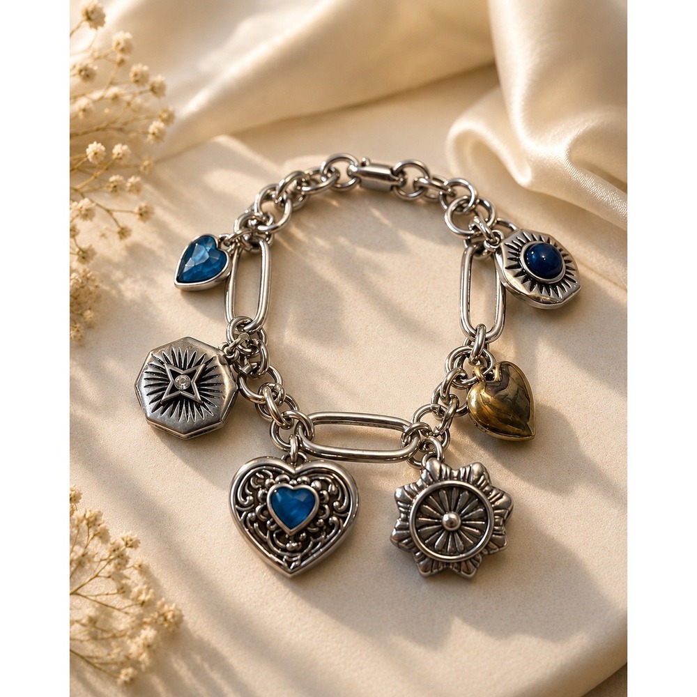 Johnny Was Antique Heart‎ Charm Bracelet Silver Blue CJ78225- New
